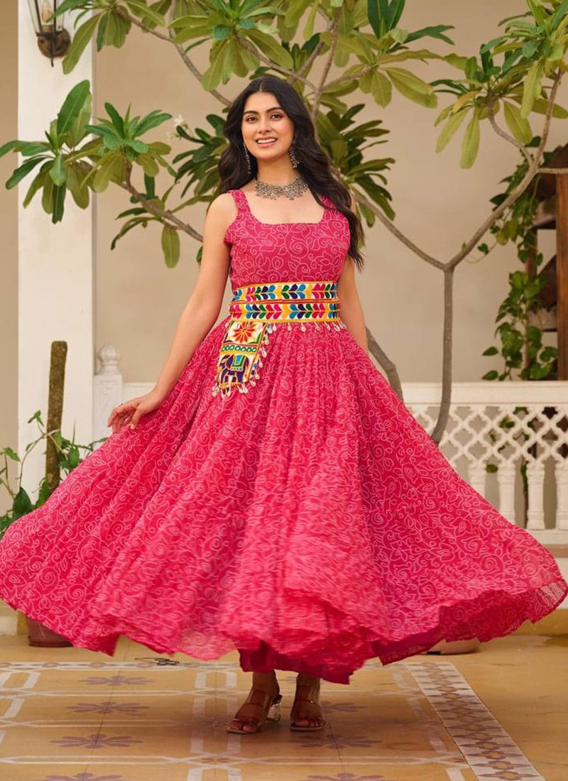 Pink Faux Georgette Kutch Work Bandhini Print Dress
