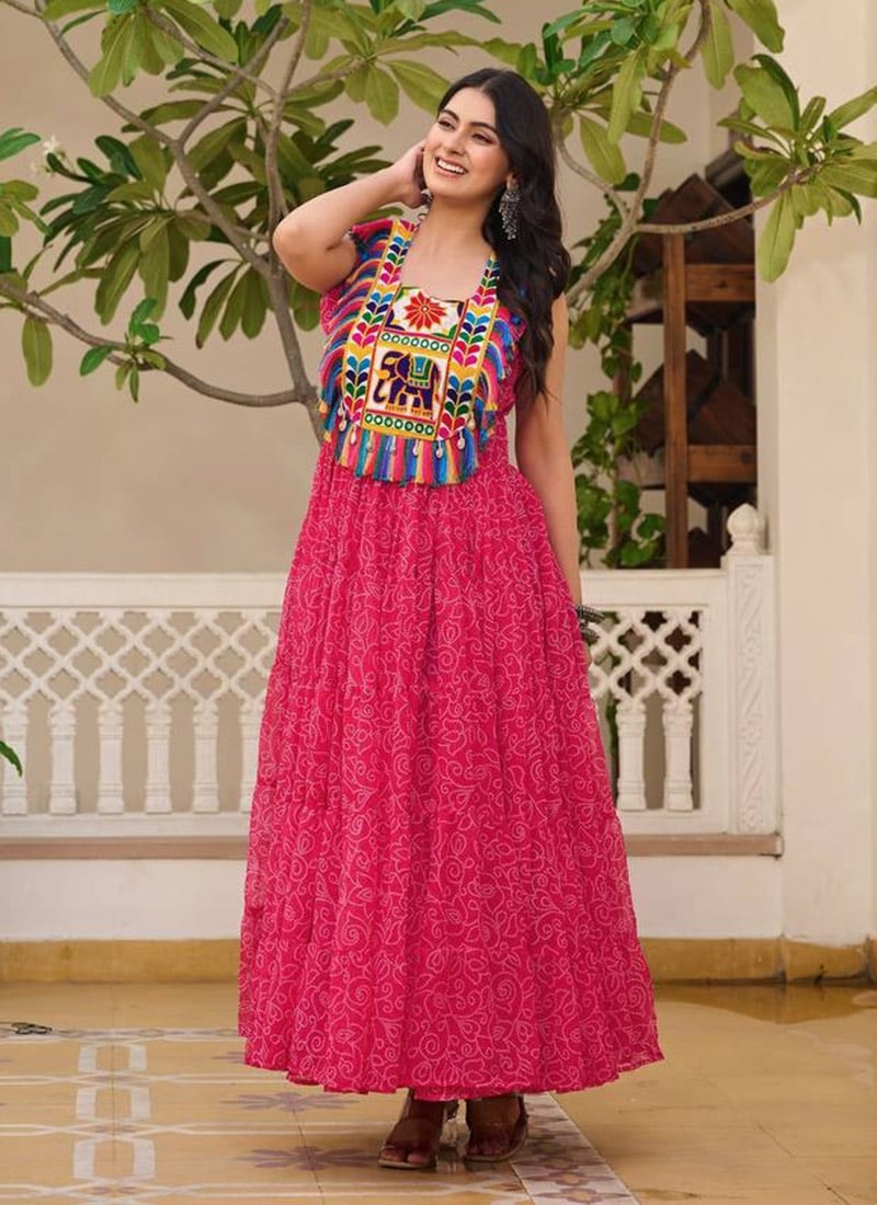 Pink Faux Georgette Kutch Work Bandhini Print Dress Festive Wear