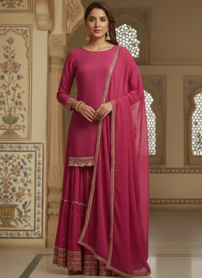 Pink Faux Georgette Lace Work Palazzo Suit Festive Wear