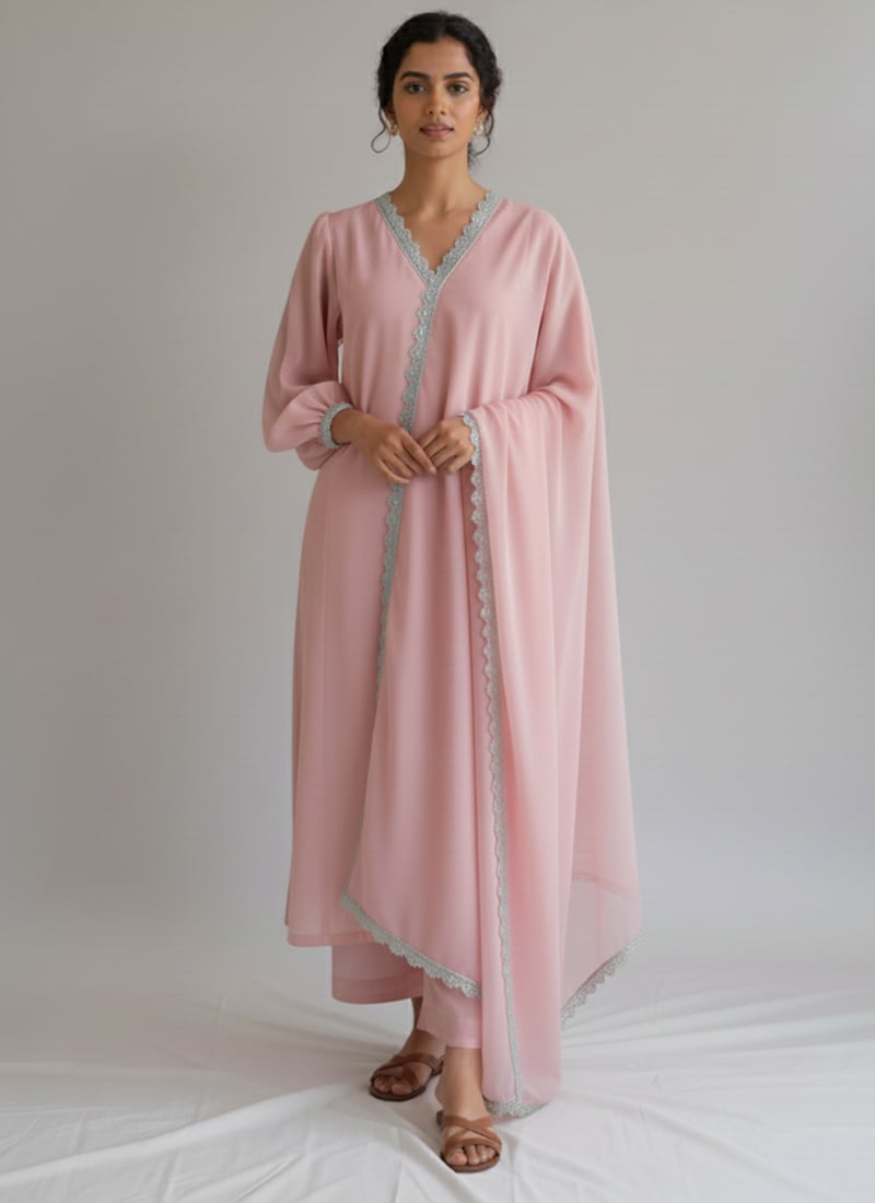 Pink Faux Georgette Lace Work Straight Pant Suit Festive Wear