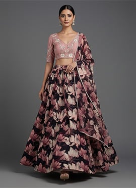 Pink Faux Georgette Lehenga With Zari Beads Hand Embroidered Work And Digital Floral Print