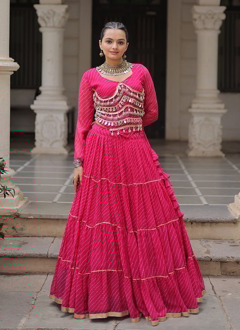 Pink Faux Georgette Leheriya Print Gota Patti Skirt Set