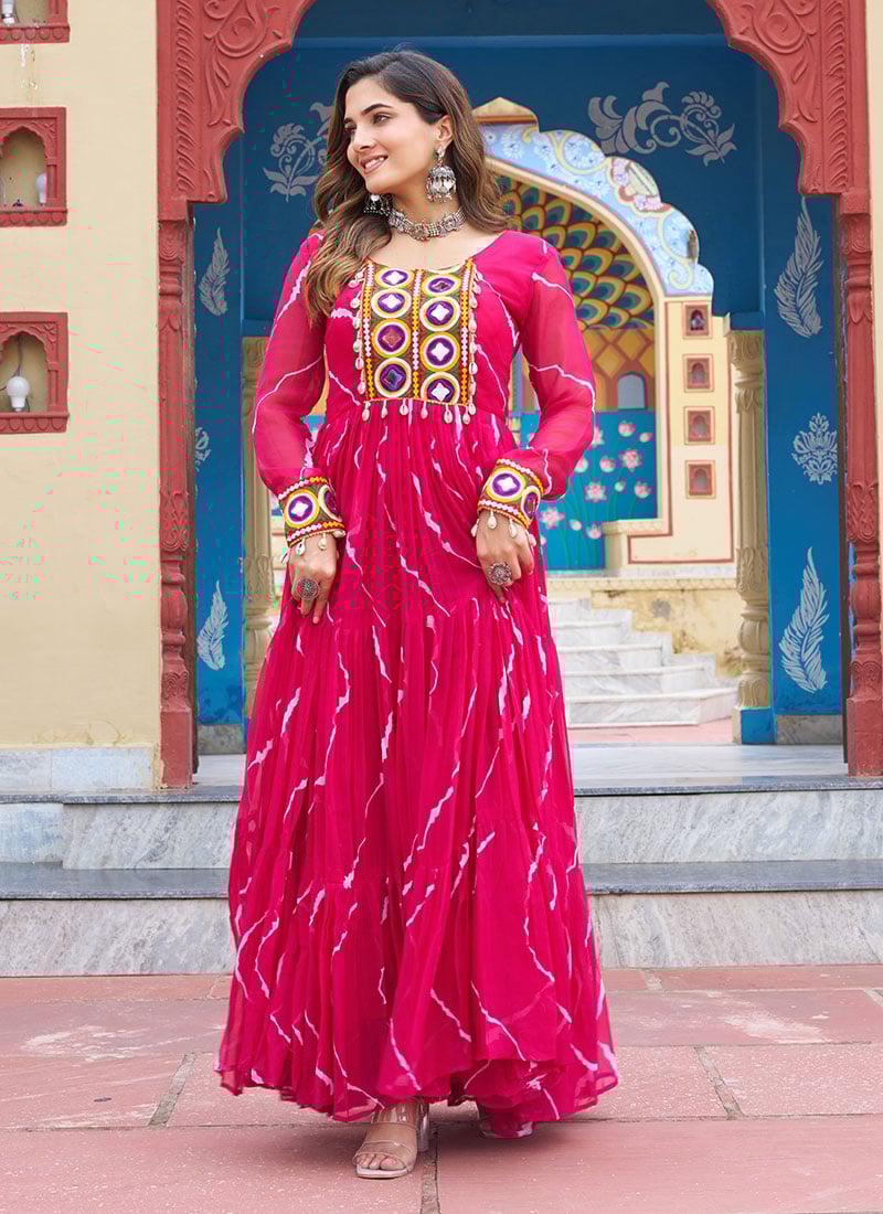 Pink Faux Georgette Leheriya Print Kutch Work Anarkali Gown