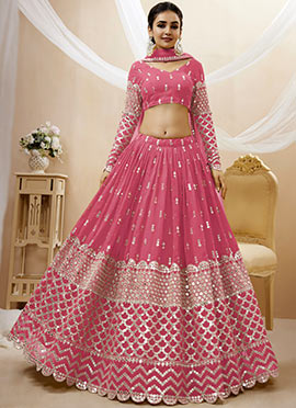 Pink Faux Georgette Thread Embroidered Umbrella Lehenga