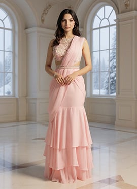 Pink Faux Georgette Moti Sequins Hand Embroidered Lehenga Saree