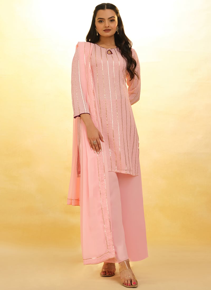 Pink Faux Georgette Palazzo Party Wear Suit With Embroidery And Sequins Party Wear