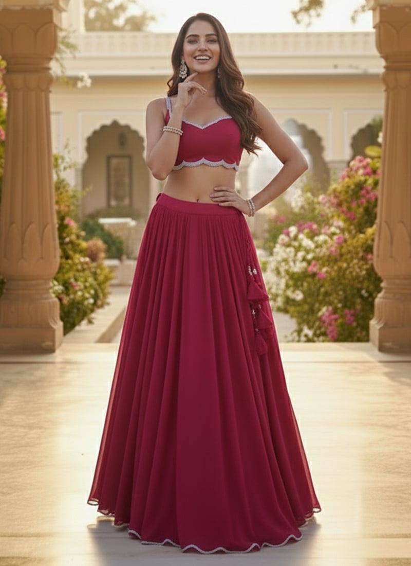 Pink Faux Georgette Poth Work Lehenga Wedding Wear