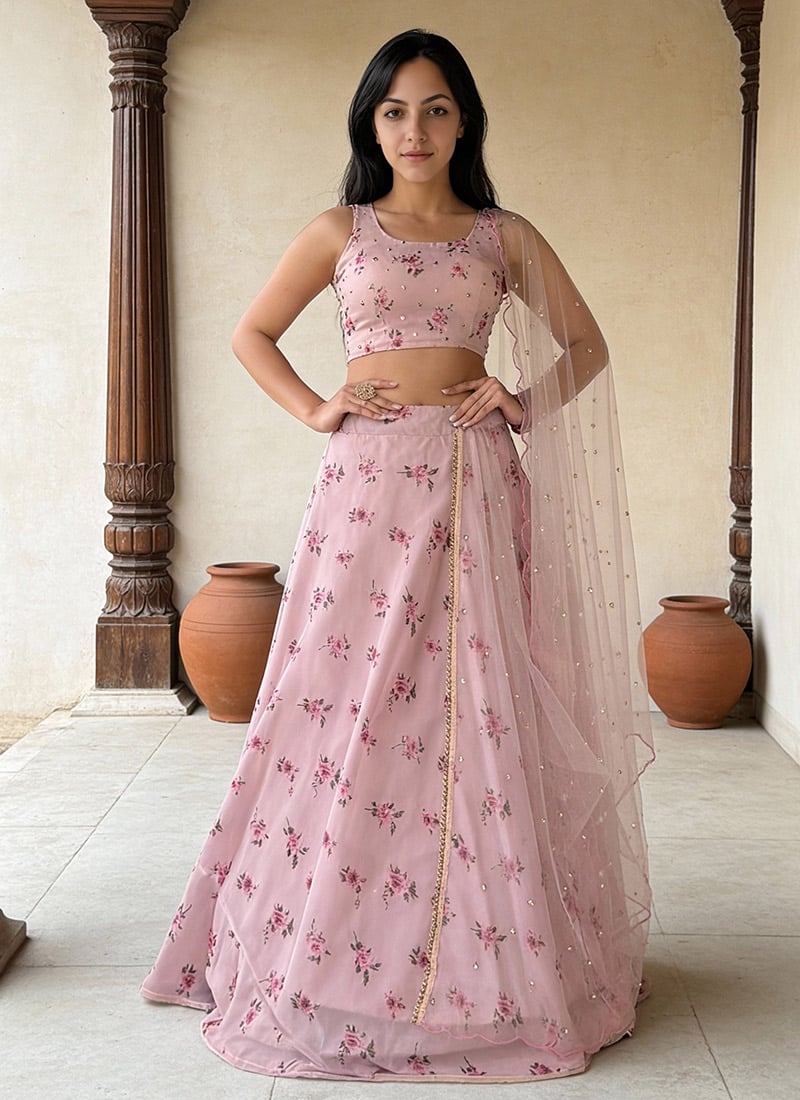 Pink Faux Georgette Printed Embroidered Mukaish Work A Line Lehenga Wedding Wear