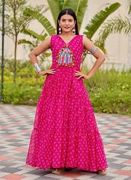 Pink Faux Georgette Printed Kutch Patch Work Gown After Six Wear