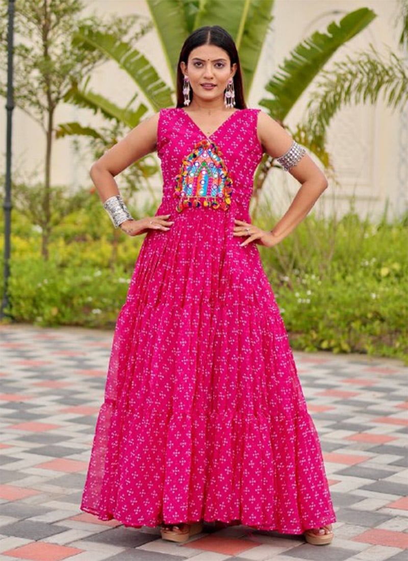 Pink Faux Georgette Printed Kutch Patch Work Gown After Six Wear