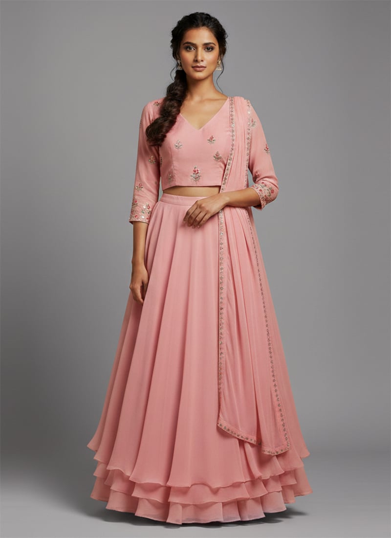 Pink Faux Georgette Resham Embroidered Lehenga Festive Wear