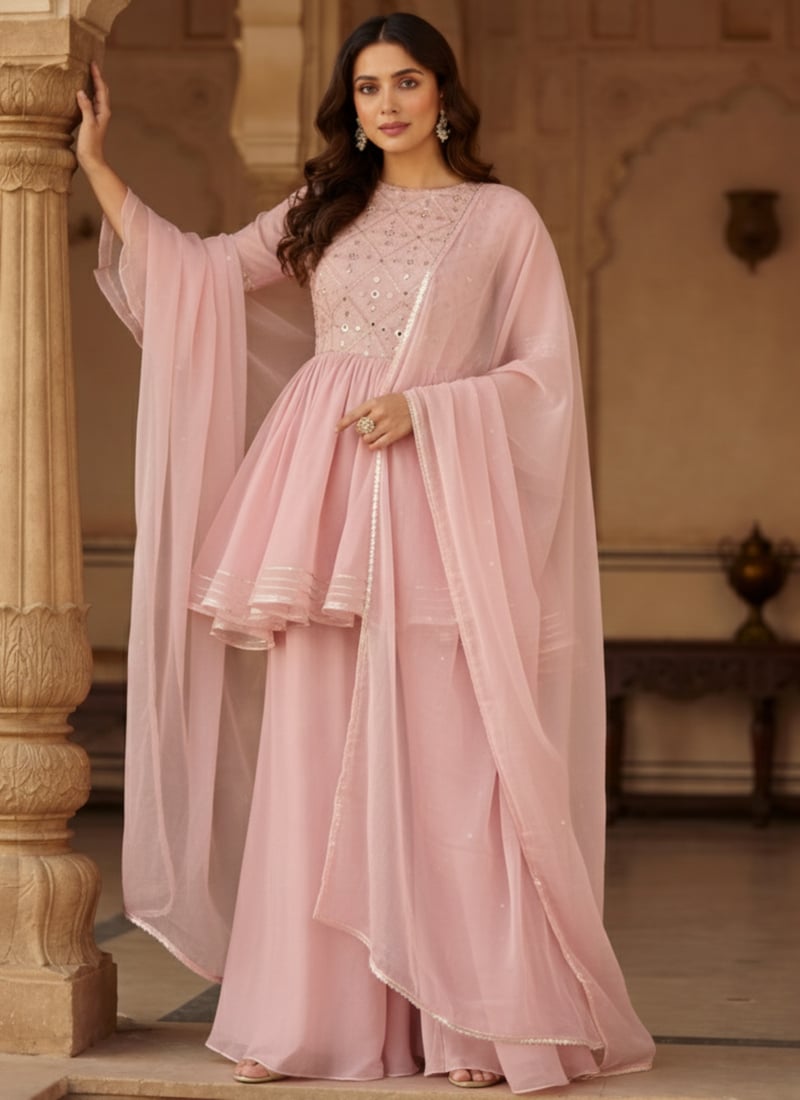 Pink Faux Georgette Resham Mirror Work Hand Embroidered Palazzo Suit Festive Wear