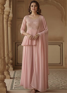 Pink Faux Georgette Resham Sequins Foil Mirror Work Palazzo Suit