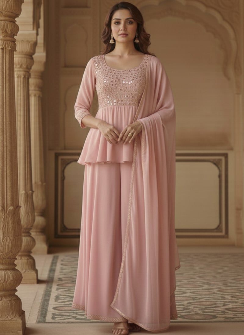 Pink Faux Georgette Resham Sequins Mirror Work Palazzo Suit Festive Wear