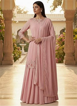 Pink Faux Georgette Resham Stones Long Choli Lehenga