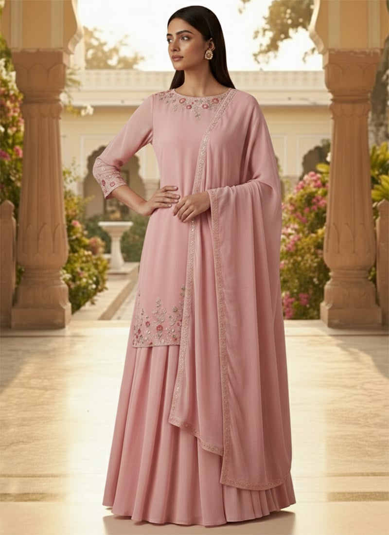 Pink Faux Georgette Resham Stones Long Choli Lehenga Festive Wear