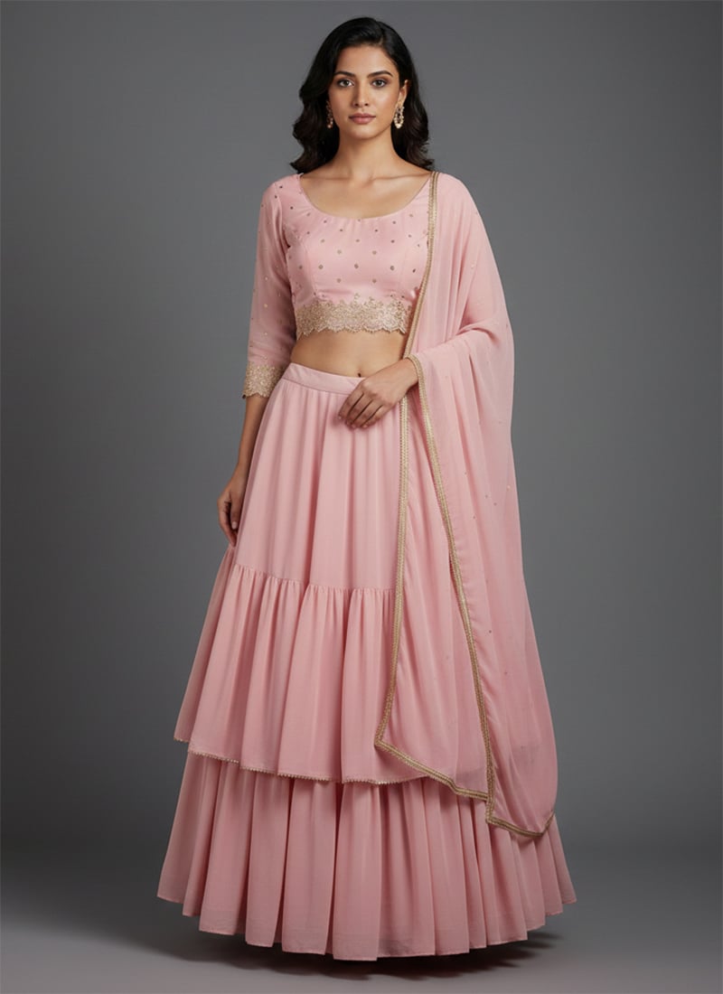 Pink Faux Georgette Resham Zari Work Lehenga Wedding Wear