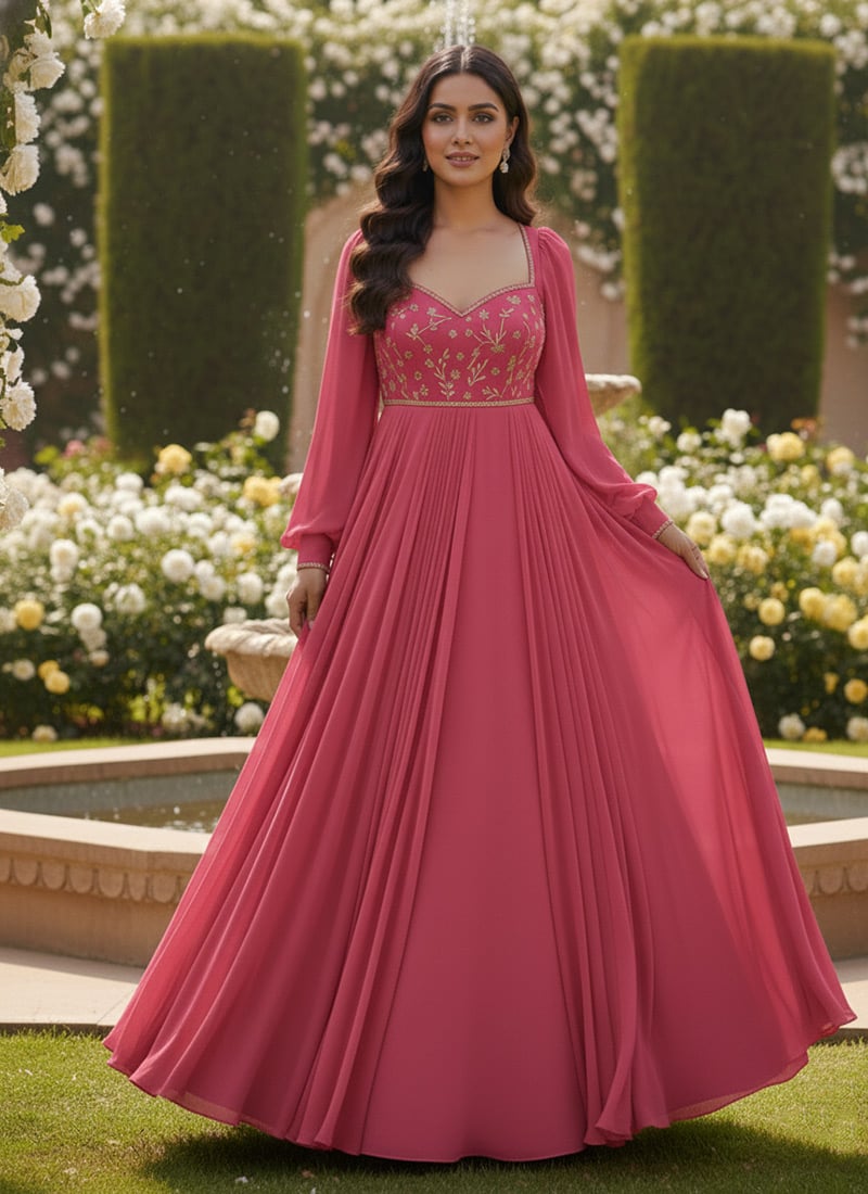 Pink Faux Georgette Sequins And Zari Anarkali Suit Festive Wear