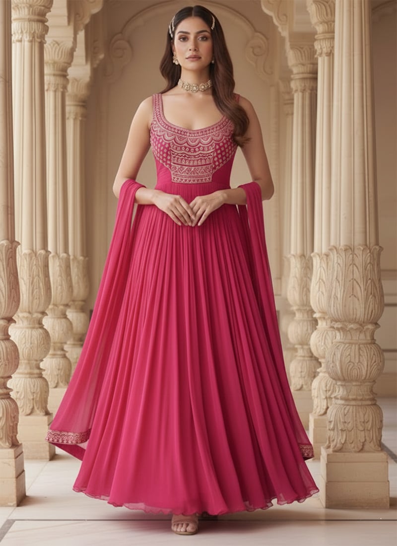 Pink Faux Georgette Sequins Beads Hand Embroidered Abaya Style Anarkali Suit Wedding Wear