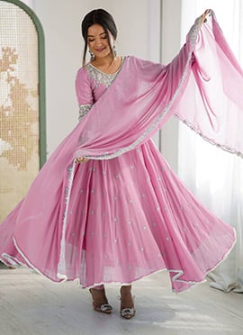 Pink Faux Georgette Sequins Embroidered Anarkali Suit