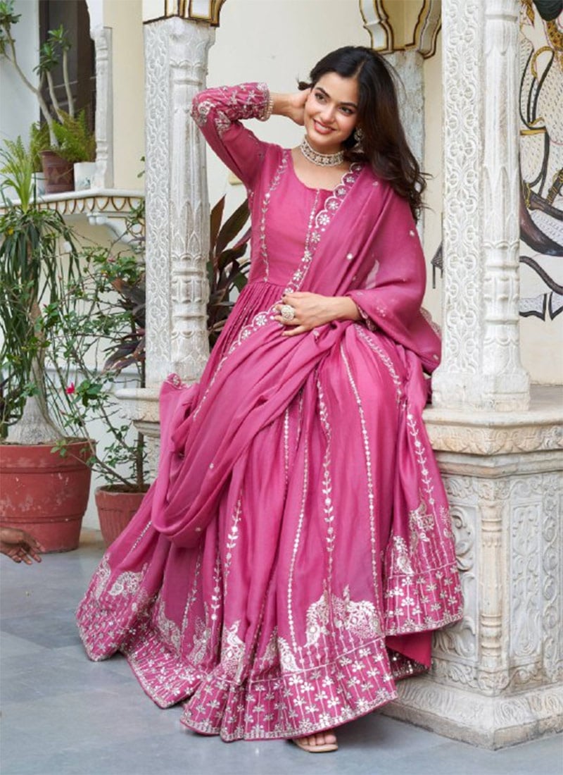 Pink Faux Georgette Sequins Embroidered Anarkali Suit Festive Wear