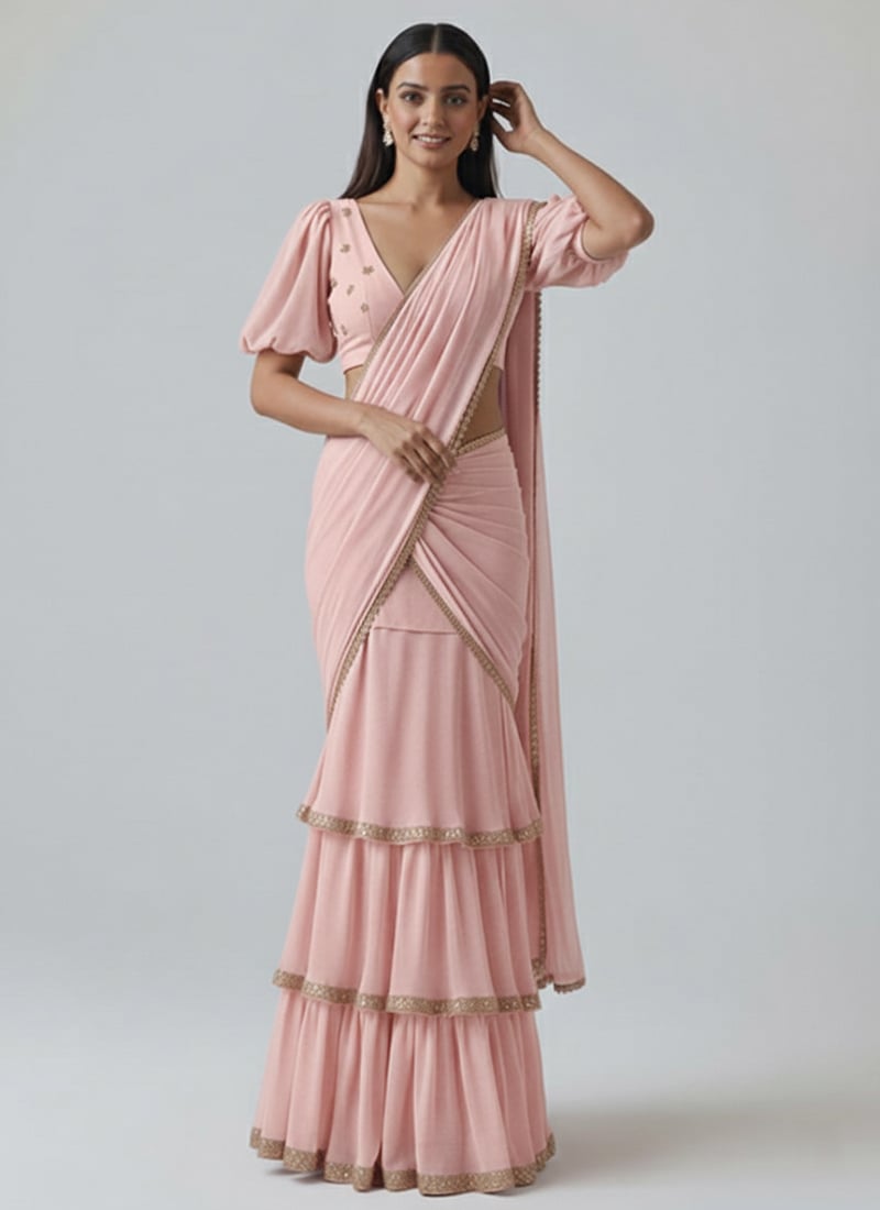 Pink Faux Georgette Sequins Embroidered And Zari Stylish Lehenga Saree