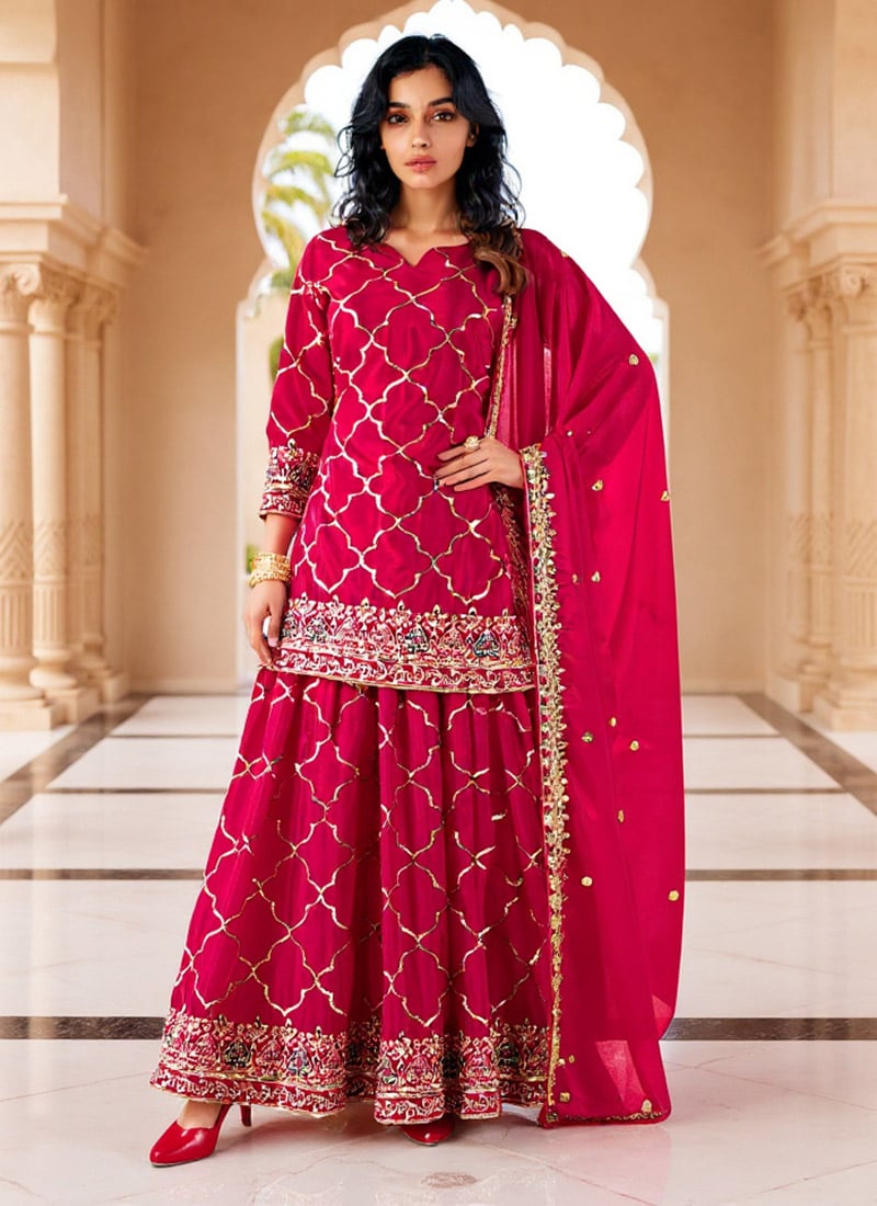 Pink Faux Georgette Sequins Embroidered Palazzo Suit