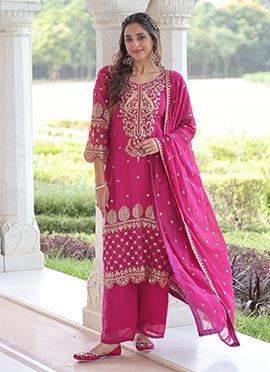 Pink Faux Georgette Sequins Embroidered Straight Pant Suit