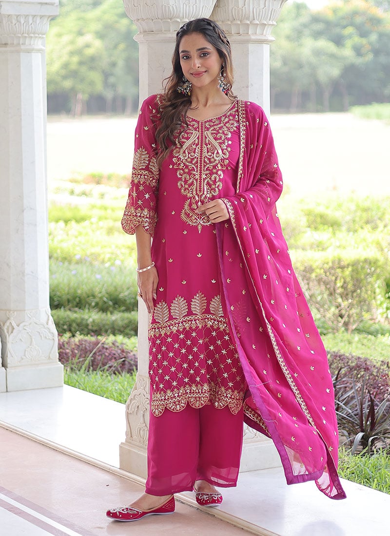 Pink Faux Georgette Sequins Embroidered Straight Pant Suit Festive Wear
