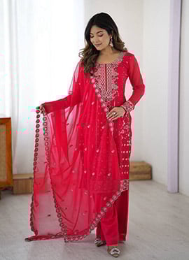 Pink Faux Georgette Sequins Embroidered Thread Palazzo Suit