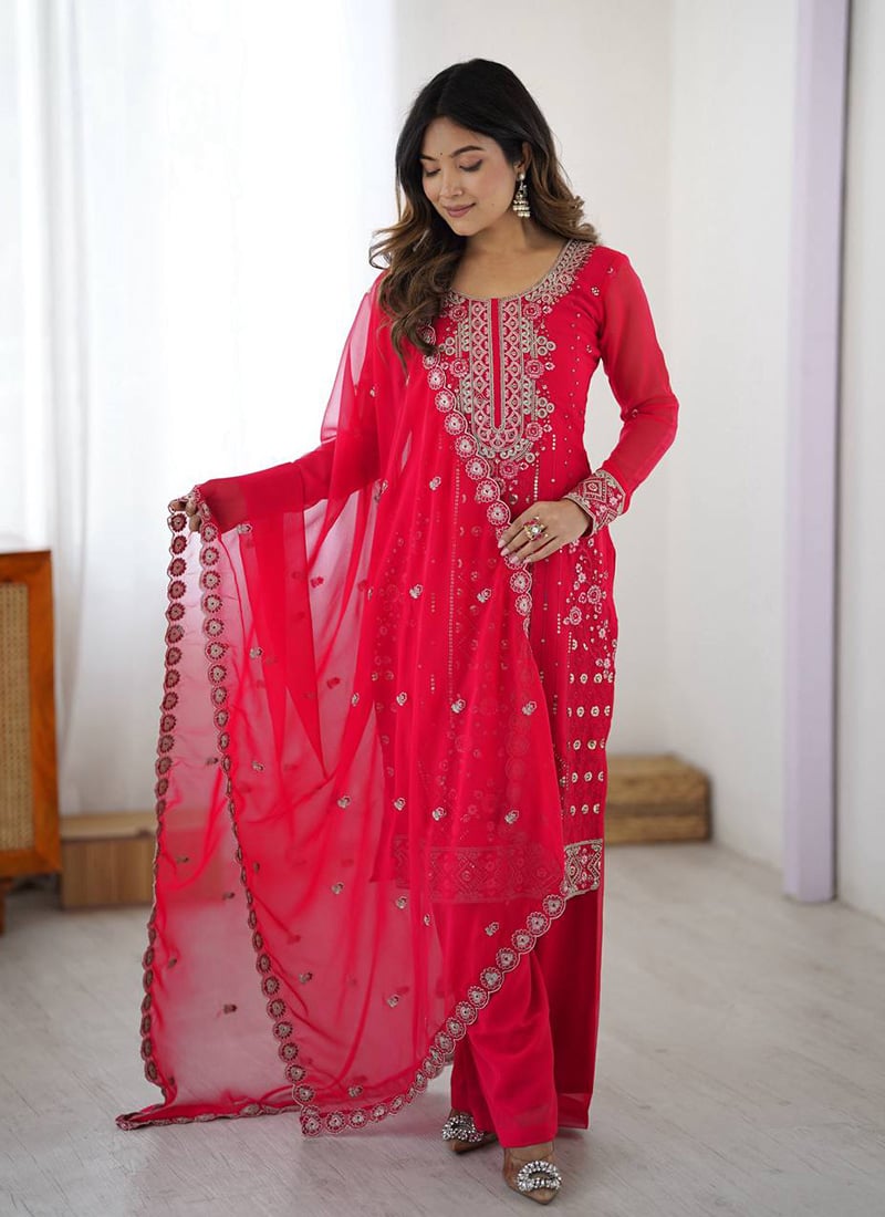 Pink Faux Georgette Sequins Embroidered Thread Palazzo Suit Festive Wear