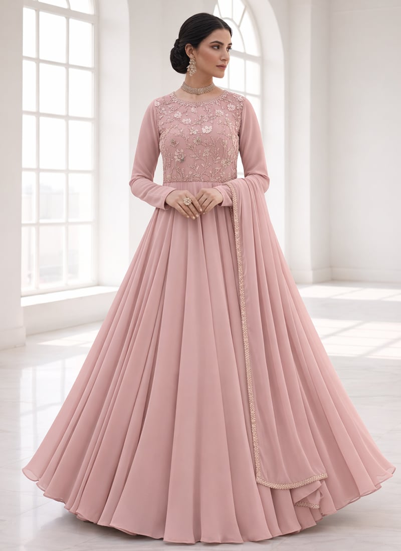 Pink Faux Georgette Sequins Hand Embroidered Anarkali Suit Festive Wear