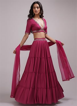 Pink Faux Georgette Sequins Hand Embroidered Lehenga