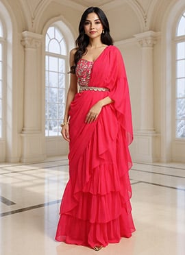 Pink Faux Georgette Sequins Moti Hand Embroidered Lehenga Saree