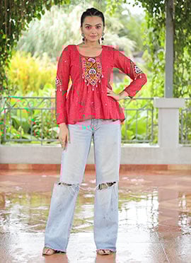 Pink Faux Georgette Sequins Patch Work Peplum Top After Six Wear