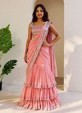 Pink Georgette Sequins Pre Draped Lehenga Saree