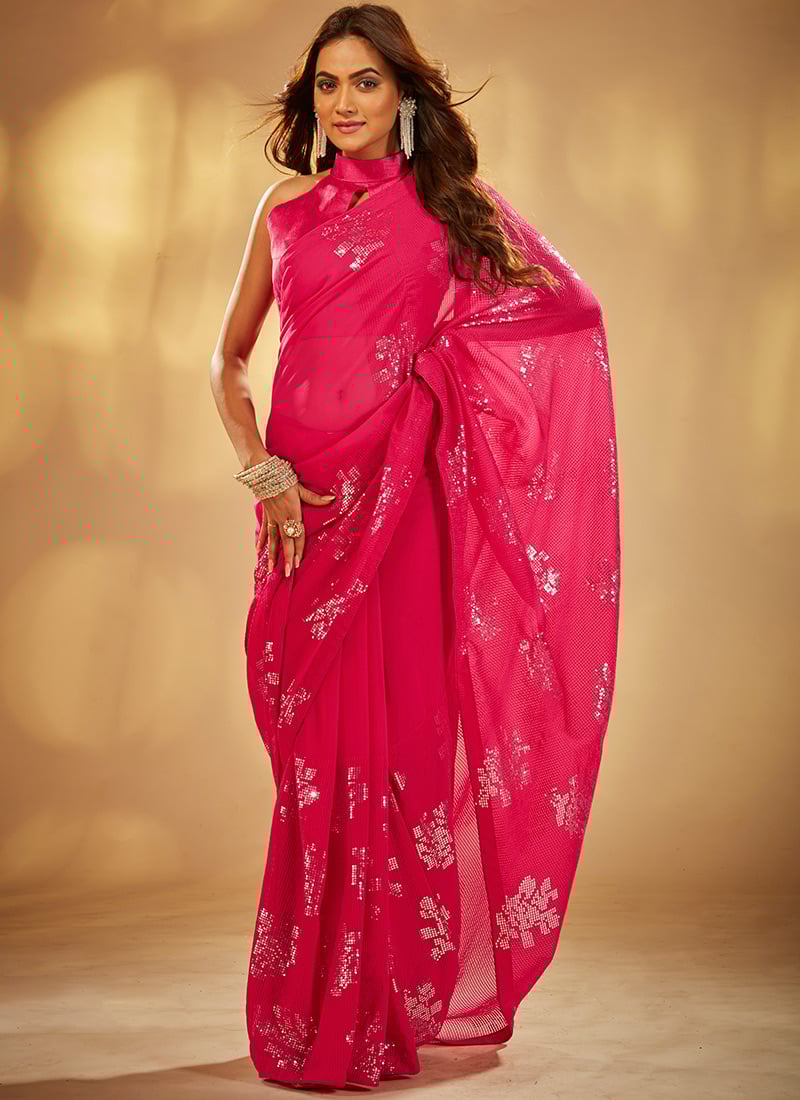 Pink Faux Georgette Sequins Sari Party Wear