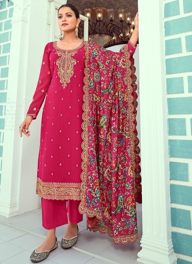 Pink Faux Georgette Sequins Straight Pant Suit Glamour Festive Wear