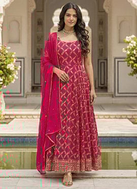 Pink Faux Georgette Sequins Thread Anarkali Suit