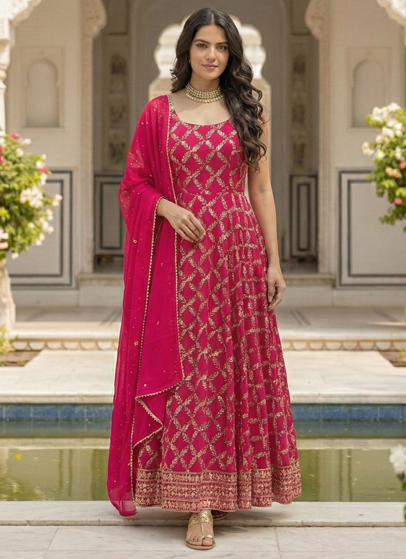 Pink Faux Georgette Sequins Thread Anarkali Suit Festive Wear