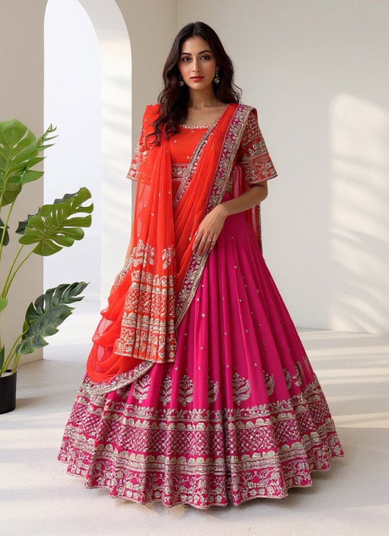 Pink Faux Georgette Sequins Zari Lehenga Wedding Wear