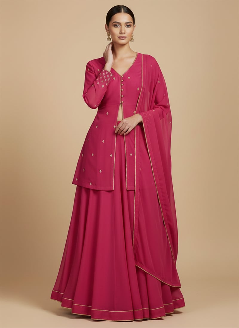 Pink Faux Georgette Sequins Zari Long Choli Lehenga Festive Wear