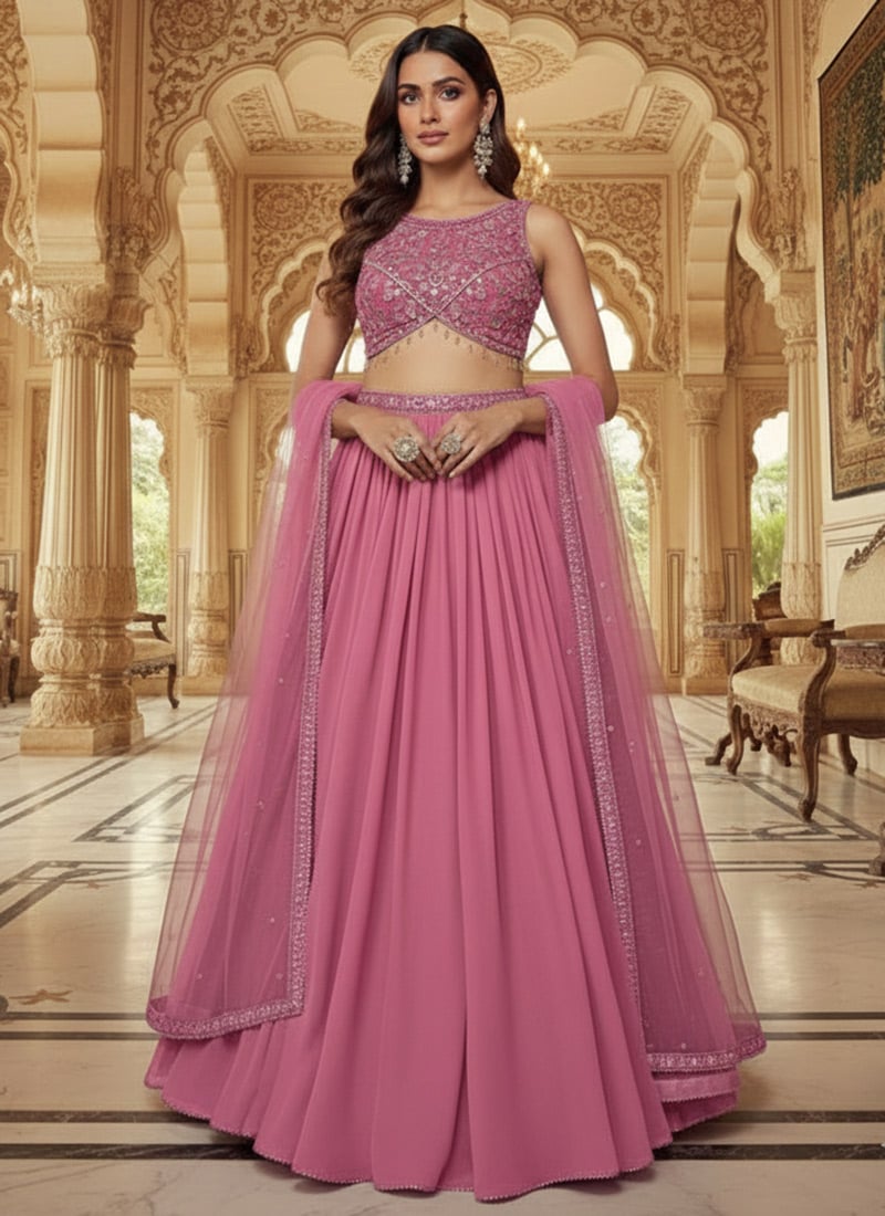 Pink Faux Georgette Sequins Zari Stones Work Lehenga Wedding Wear