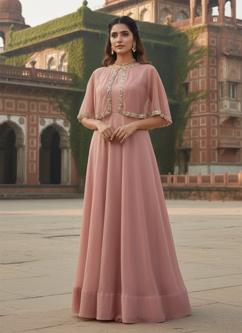 Pink Faux Georgette Stones Poth Work Gown After Six Wear