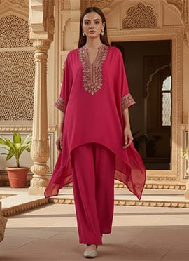 Pink Faux Georgette Stones Zari Rangoli Indowestern Set