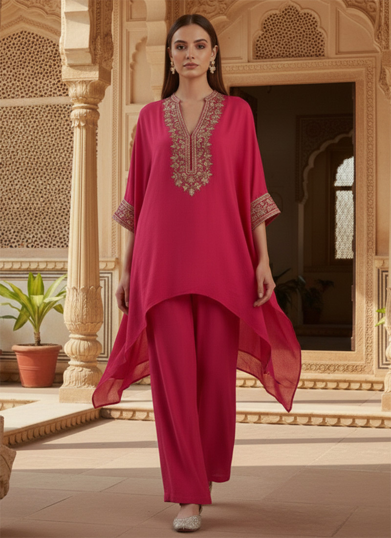 Pink Faux Georgette Stones Zari Rangoli Indowestern Set After Six Wear