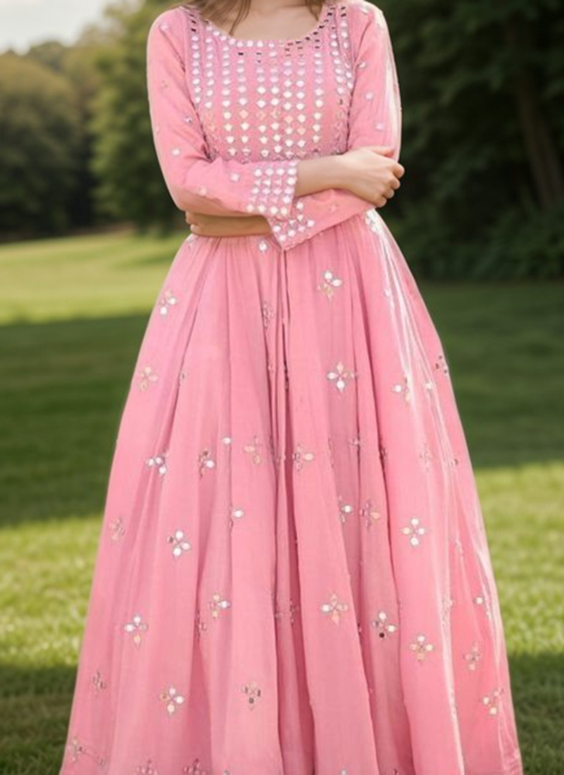 Peach Stone & Mirror Work Eid Style Anarkali Suit