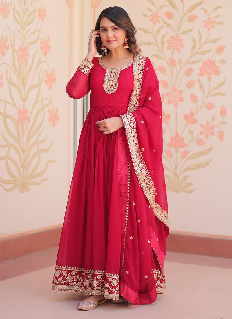 Pink Faux Georgette Zari And Sequins Embroidered Anarkali Suit
