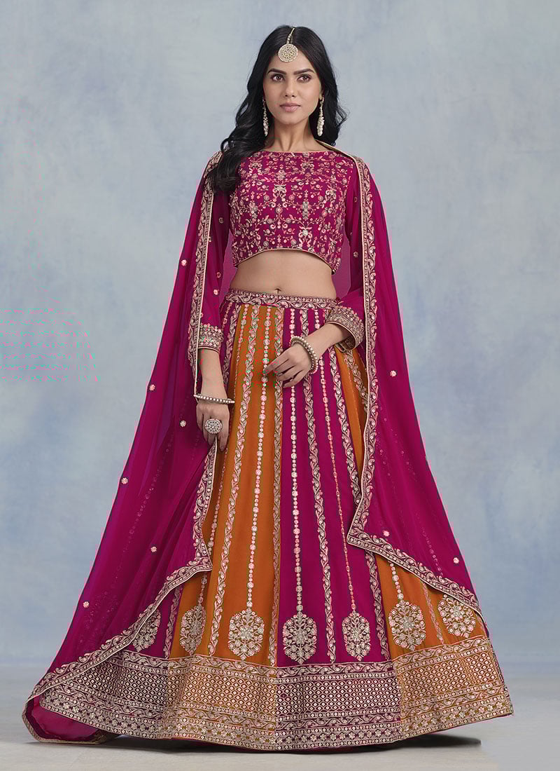 Pink Faux Georgette Zari Embroidered Sequins A Line Lehenga Wedding Wear