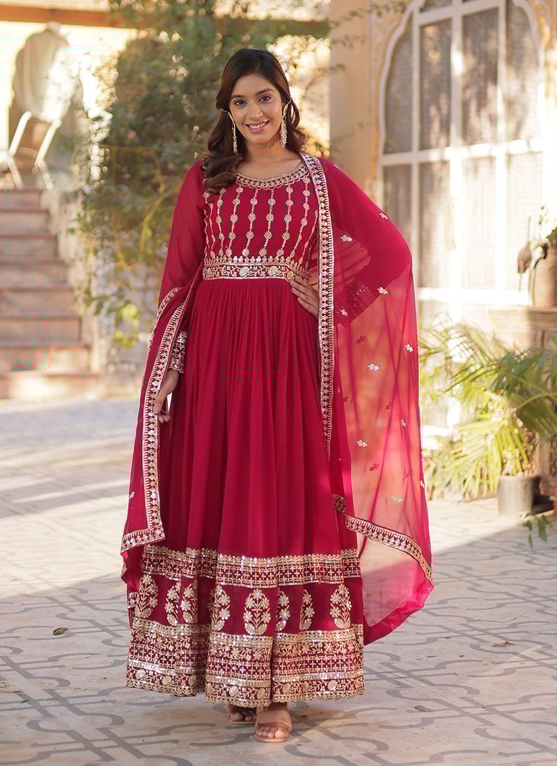 Pink Faux Georgette Zari Embroidered Sequins Anarkali Suit Festive Wear